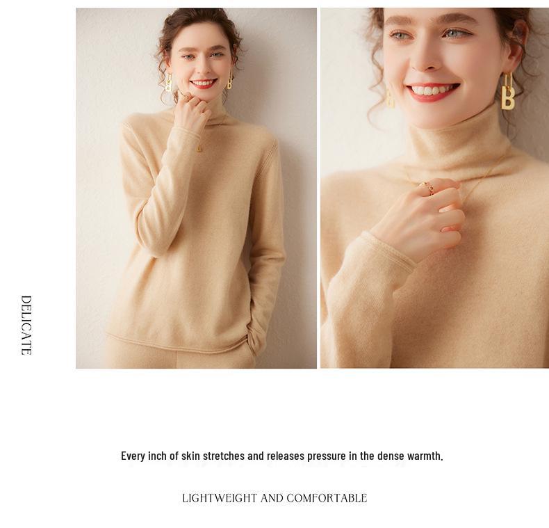2026 Autumn/Winter Women's High Neck Cashmere Sweater - Solid Color, Loose Fit, Slimming Turtleneck Knitwear