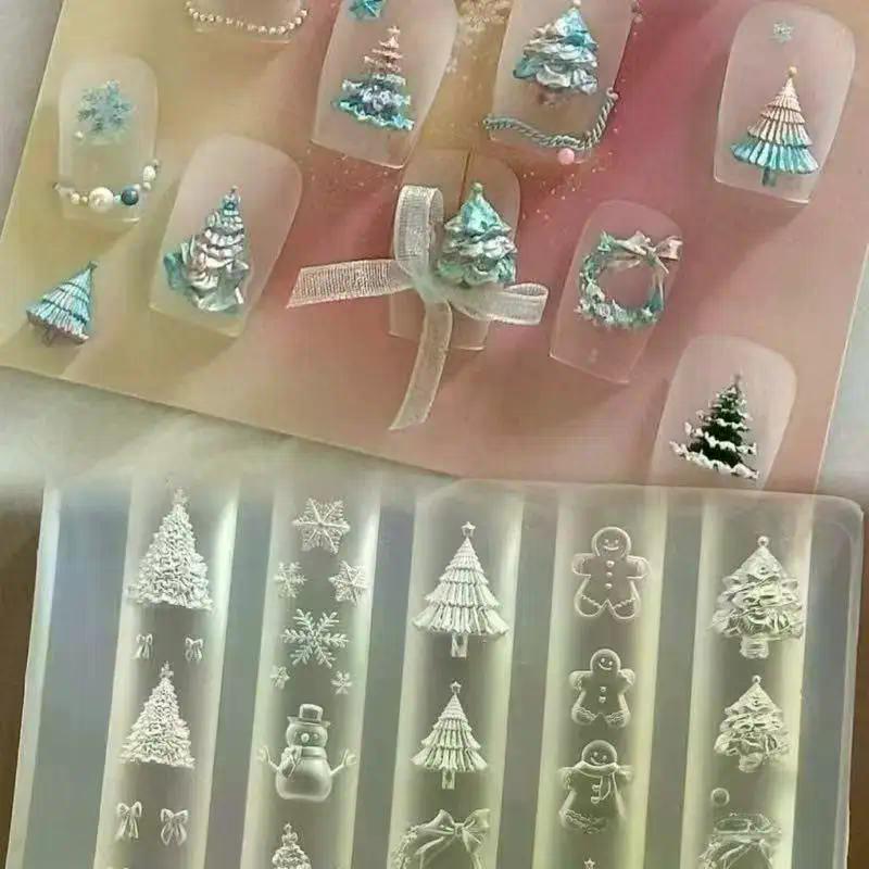 Christmas 3D Silicone Nail Molds - Snowman Tree Elk Gingerbread Man, DIY Manicure Decorations for Salon Home Nail Art Design