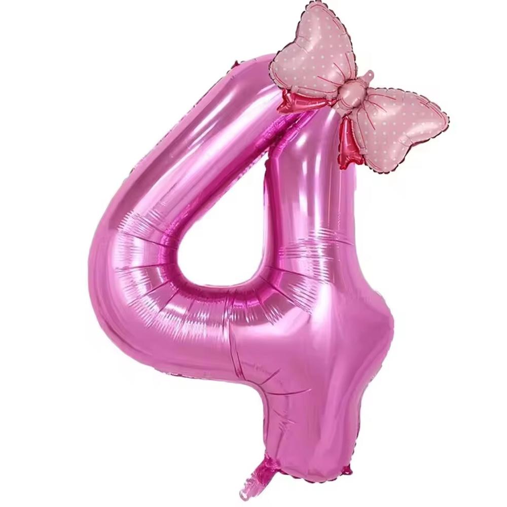 32inch Number Pink Foil Balloon With Mini Bow Set 1 2 3 4 5 6 7 8 9 For Kid Boys Girls Birthday Party Baby Shower Decorations