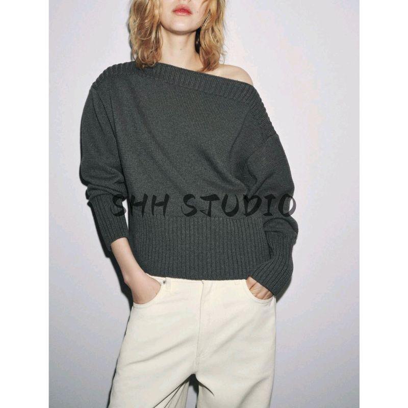 Fall New Women's Clothing French Rib Closing Pure Color Loose off Shoulder Long Sleeves Knitwear 6771139