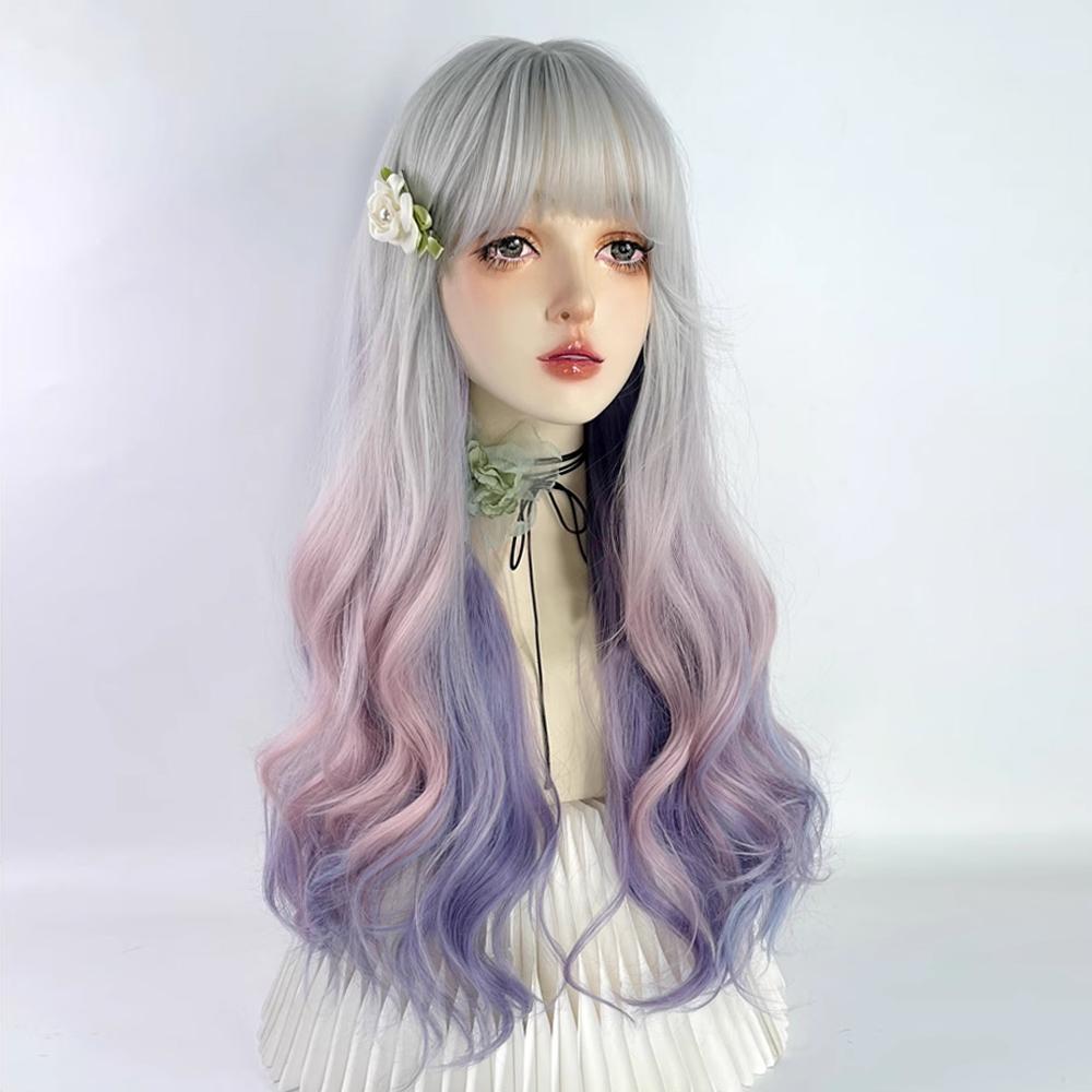 Professional  Rainbow Gray White Pink Purple Gradient Long Lolita Wavy Women Wig with Bangs Synthetic Fluffy Wig for Party Cosplay