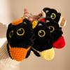 With Knitted Hat Black Cat Plush Doll Keychain Bib Car Key Ring  School Bag Decoration