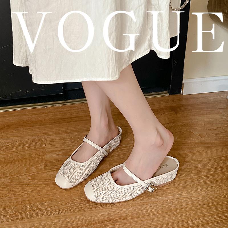 Grape Mother Summer Retro Woven Hollow Square Head Word with Thick Heel Sandals Muller Half Slippers Women's Wear