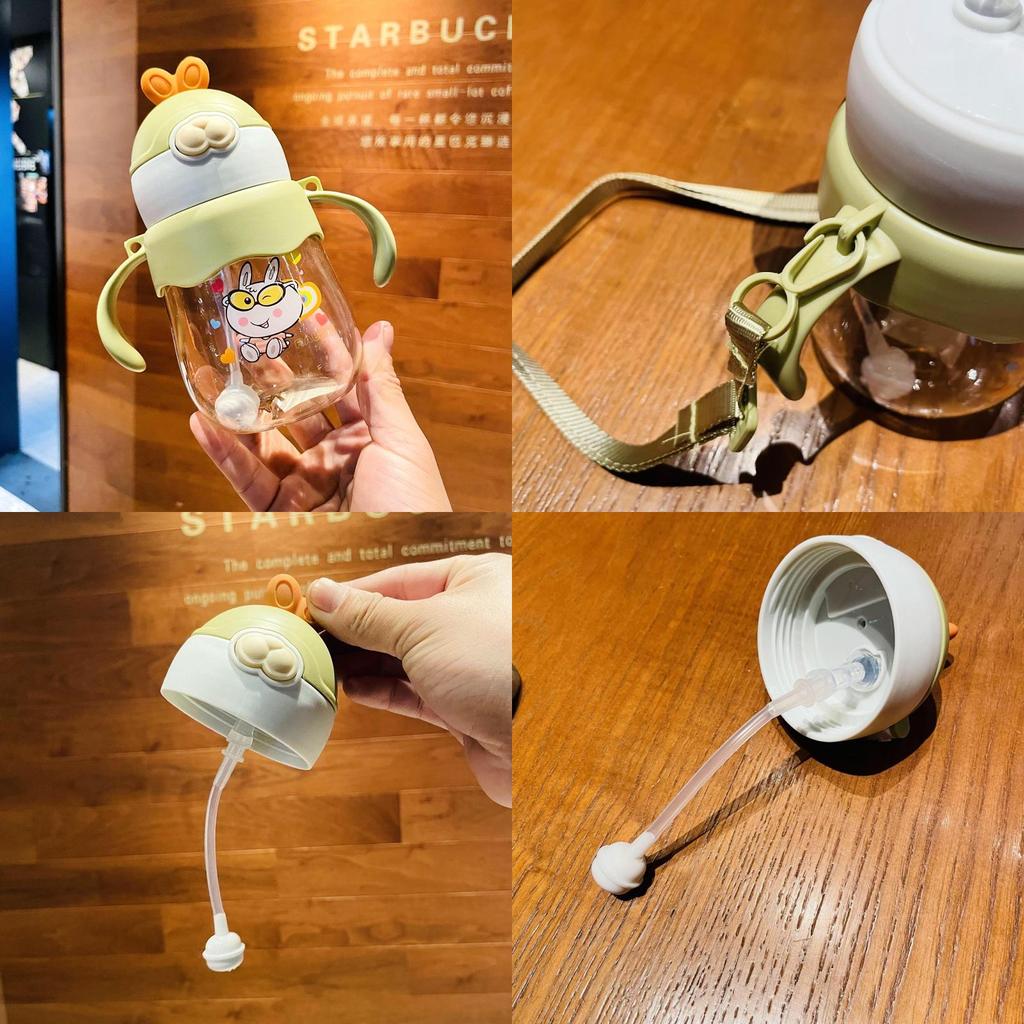 Neuer Kinder-Trinkbecher mit Strohhalm, Griff und Schultergurt, PC-Material, 450 ml, Lila/Rosa/Grün