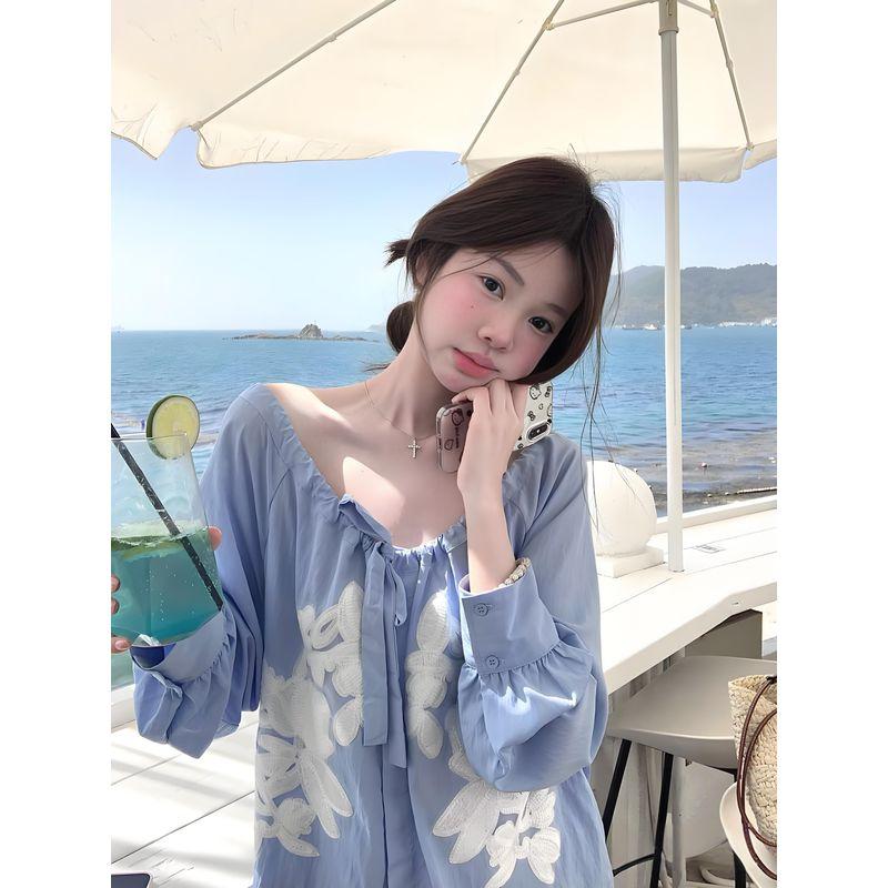 

Kumikumi Younger Bows Lace Printing Long Sleeves Shirt Women s Autumn High Waist Wide Leg Shorts Two-piece Set Two-piece set outfit L