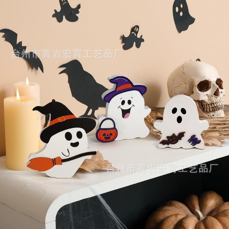 Halloween ghost wooden ornaments, ghost festival atmosphere interior decoration desktop wooden crafts
