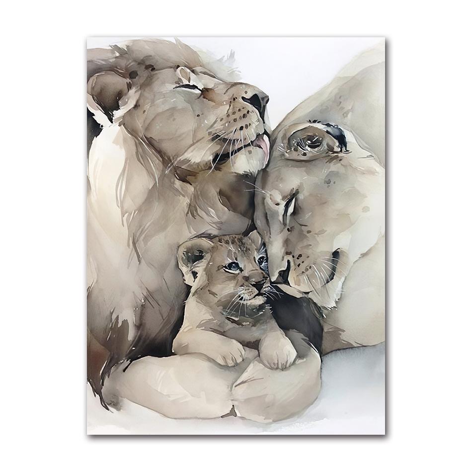 Modern Animal Wall Art Poster Loving Lion Family Canvas Painting Print for Living Room Picture Home Wall Decoration Cuadros