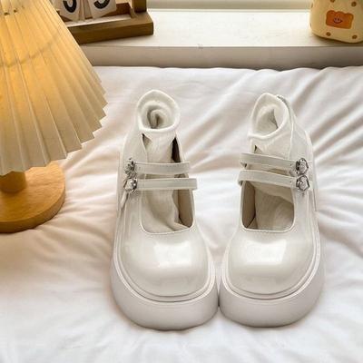 Talon épais bout rond surface cuir nouvelles double boucle polyvalentes petites chaussures en cuir étudiant rehausseur JK chaussures en cuir