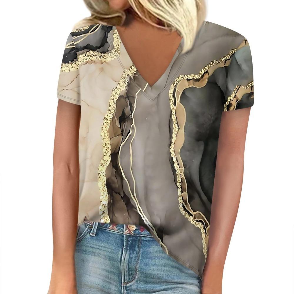 T-shirt Women's Summer Casual Elegant V-neck Short-sleeved Gradient Texture Pattern Blouse Loose Casual Women's Clothing