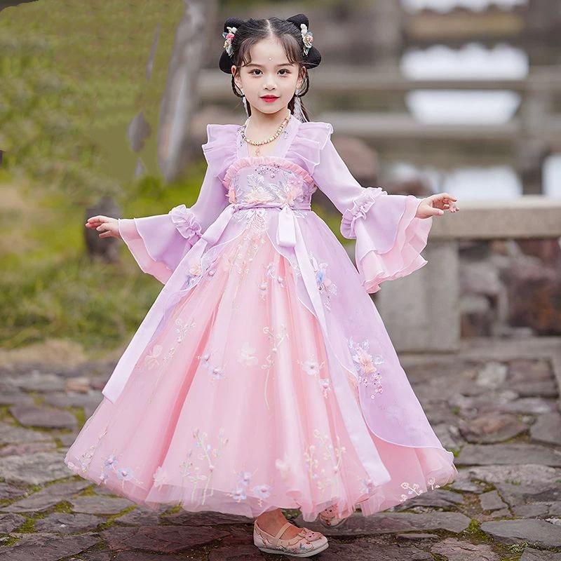 

Girl Hanfu Long-sleeved Chiffon Fairy Skirt Little Girl Long-style Classical National Style Dress 160