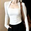 Women S Long Sleeve Square Neck Pleated Slim Fit T Shirt For Outerwear Innerwear