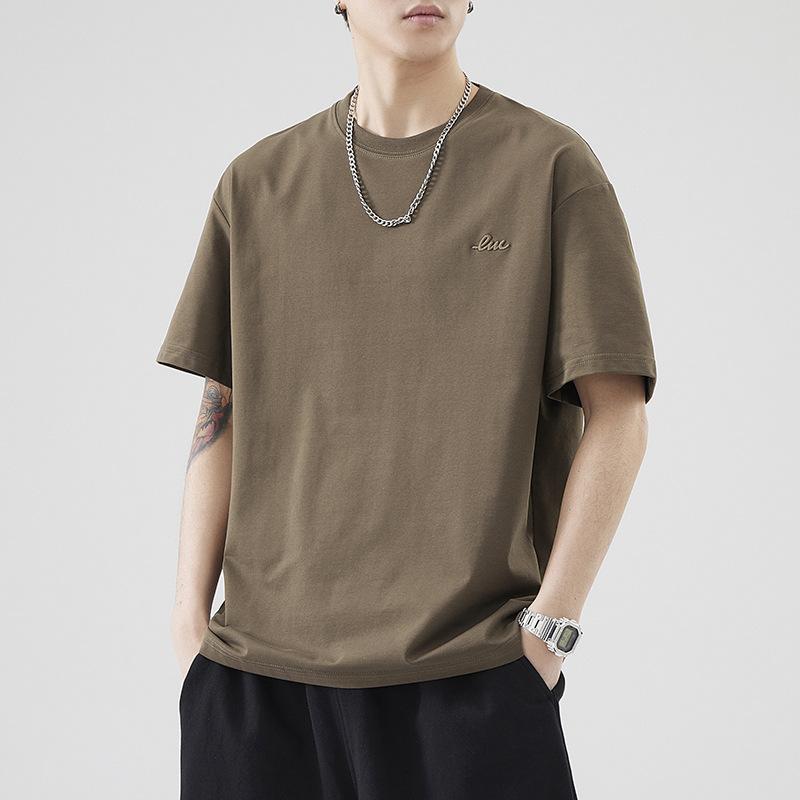 260g Heavy Japanese Loose Ice Silk Embroidered Short-sleeved T-shirt Men's Summer Casual