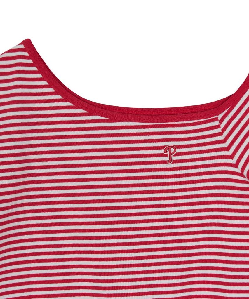 Emelbi Women'S Varsity Striped Off-Shoulder Slim Semi-Crop Short Sleeve T-Shirt Phi (Neon Red)