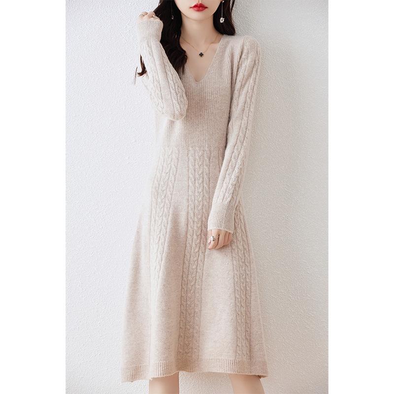 Women's Mid-Length V-Neck Wool Dress - Autumn/Winter Cashmere Over-the-Knee Sweater with Slimming Base Layer