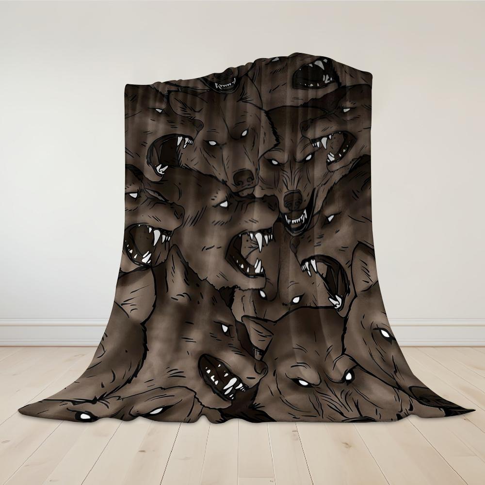 Brown Wolf Heads Flannel Blanket Warm Soft Halloween Christmas Couch Warm Cozy Decorative Decor Gift for All Season