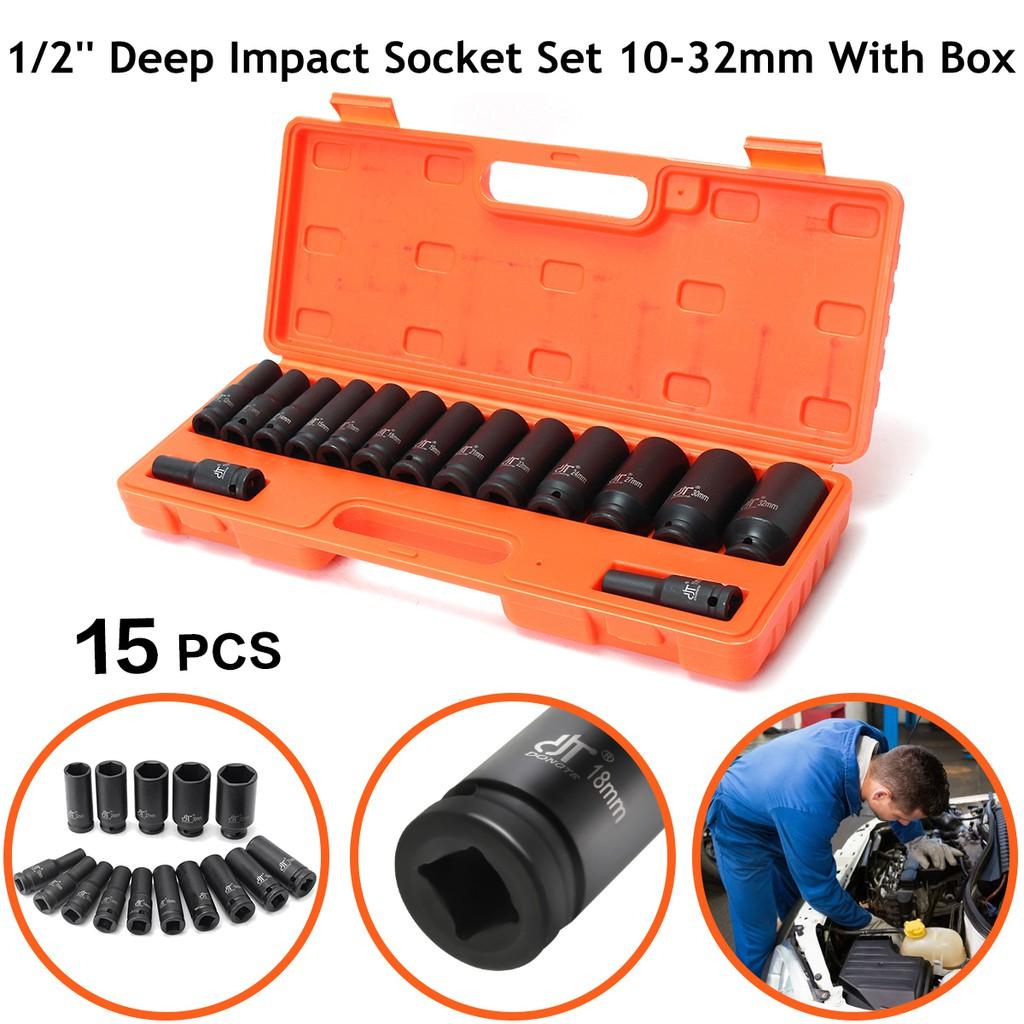 10-32mm 1/2" Inch Drive Deep Impact Metric Socket Set Air Garage Sockets 15pc Black