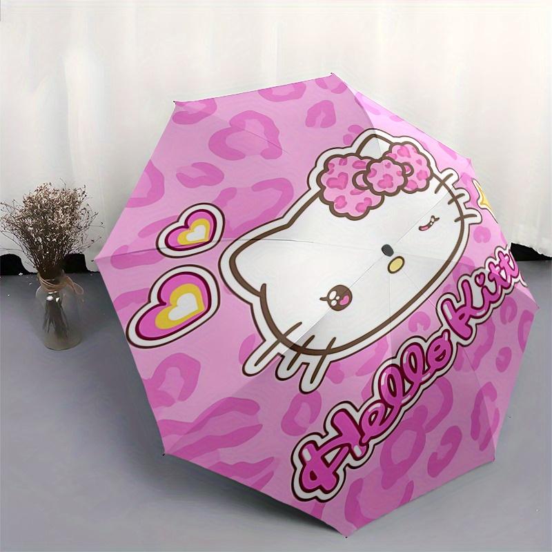 Hello Kitty, Pink Leopard Print Automatic Opening and Closing Parasol Compact Travel Umbrella with 8 Ribs for Women and Men Ideal Birthday/C
