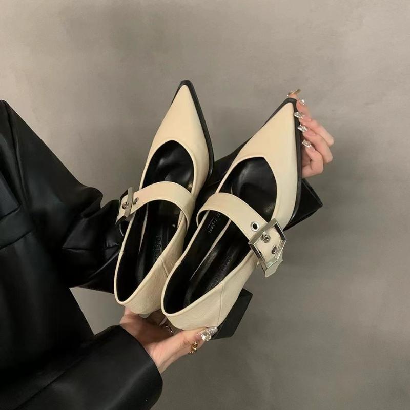 2026 Women's Coarse Heel Shoes Autumn New Pointed Head Shallow Mouth Metal Buckle Anti-slip Wear-resistant Low-top Shoes