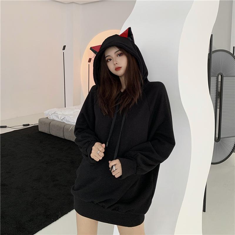 Women Hoodies Y2K Top Loose Lazy Style Plus Velvet Thick Black Mid-length Pullover Hooded Sweater Jacket Women's Clothing