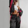 Women's Sporty Zip Up Track Jacket and Wide Leg Pants Set In Pink with Side Stripes
