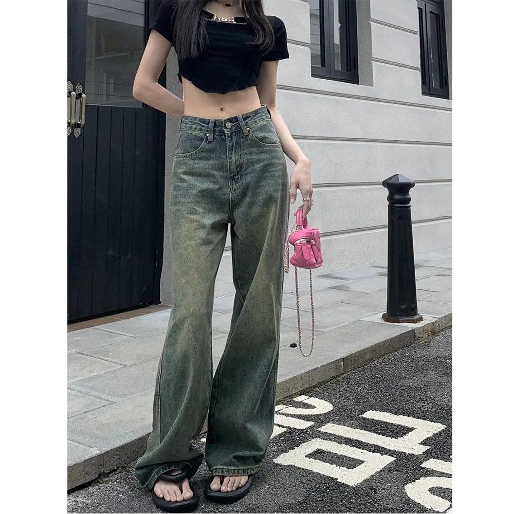 Women's High Waist Distressed Retro Wide Leg Jeans - Summer Slimming Straight Fit, Floor-Length