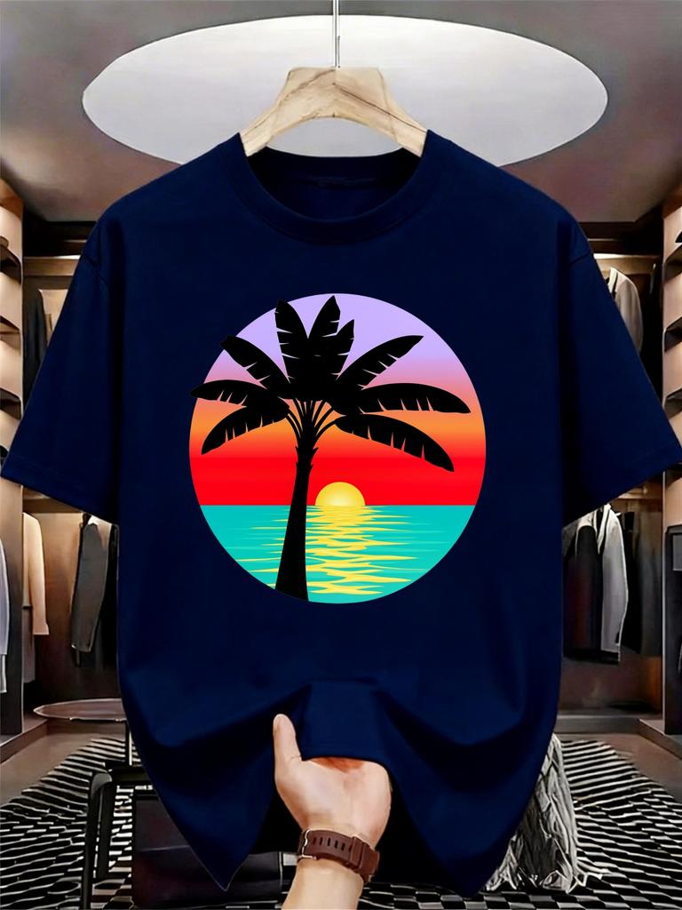 Unisex Black Crew Neck Tee Sunset Palm Tree Circle Print Loose Oversized Short Sleeve Unisexs Streetwear Summer Casual Basic Top