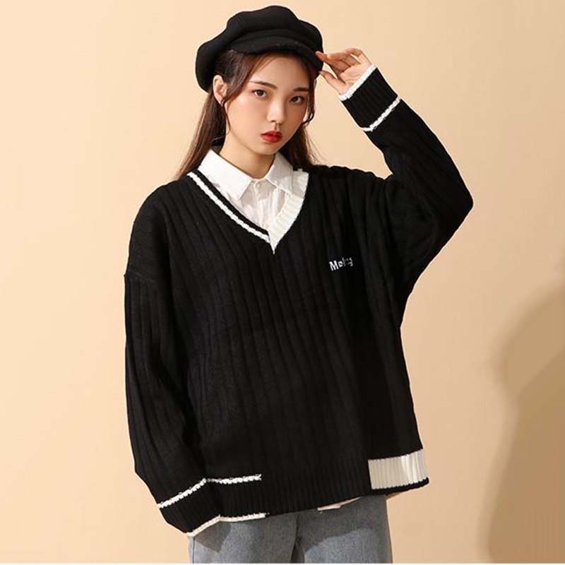 

Свободные вязаные пуловеры в стиле ретро в английском стиле, женские вязаные пуловеры с v-образным вырезом в консервативном стиле, простые повседневные свитера на весну и осень XL чёрный