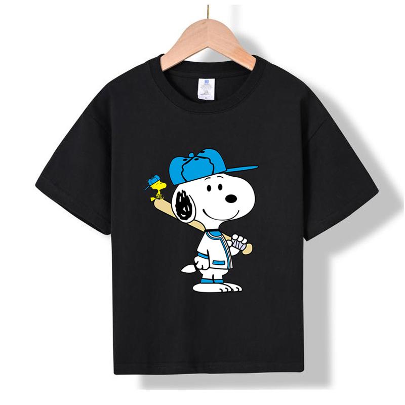 MC-77 MINISO 2026 Summer New Kids 100% Cotton T-Shirt Snoopy Baseball Print Short Sleeve Casual Tee for Boys Girls Ages 2-12