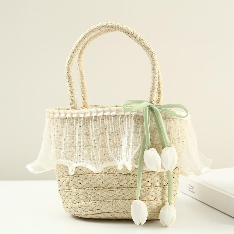 Big Brim Sun Hat Seaside Beach Idyllic Forest Bow Streamer Straw Hat Female Summer Flower Tulip