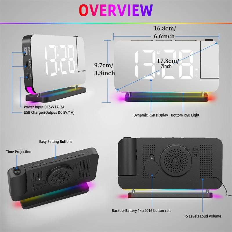 FM Radio 180° Projection Alarm Clock RGB With RGB Night Light 6 Levels Brightness Dual USB Output Port 12H/24H Digital LED Clock