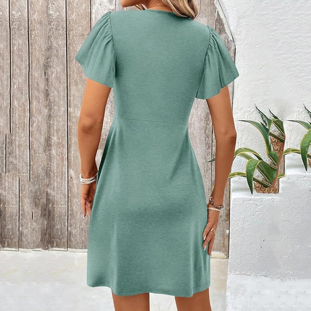 Women's Fashion Casual Dress V-neck Short Sleeve Chest Kink Pleated -Color Dress