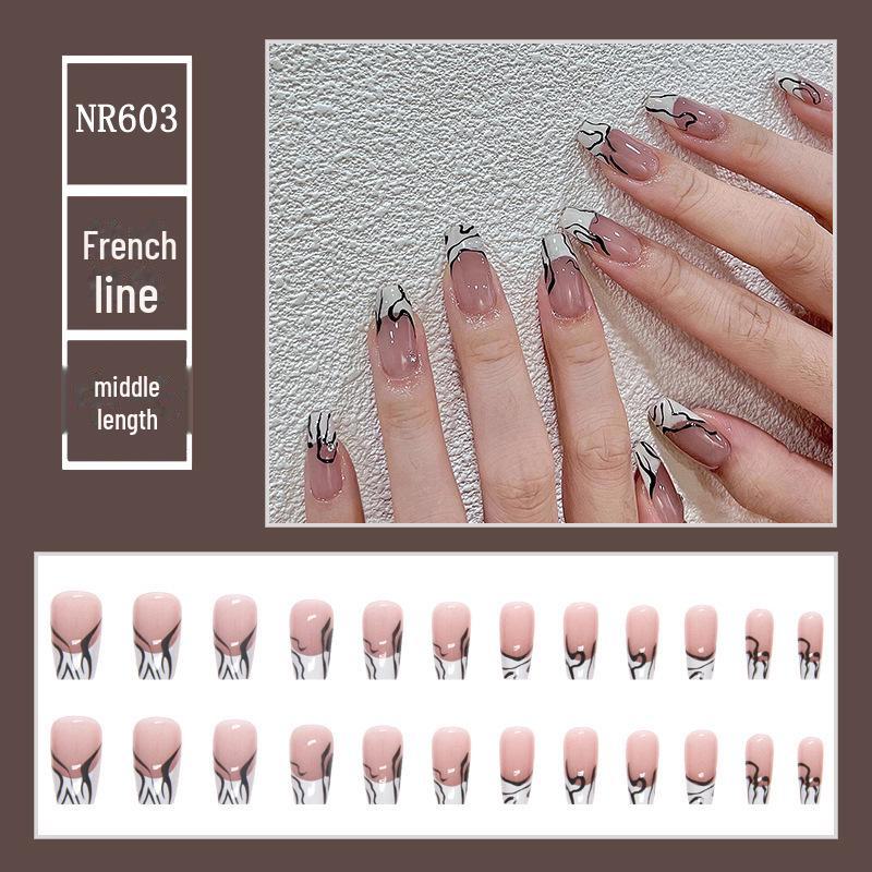 Medium & Long Rectangular T-Shaped Wearable French Cartoon Nail Art Patches - One Size Fake Nails