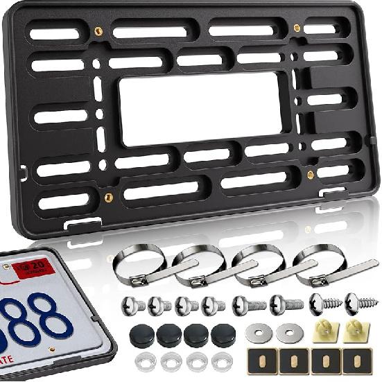 Front License Plate Holder Bracket - Black Universal ABS Mounting Kit Frame with Copper Thread, Screws & 4 Stainless Steel Ties for Front Bumper