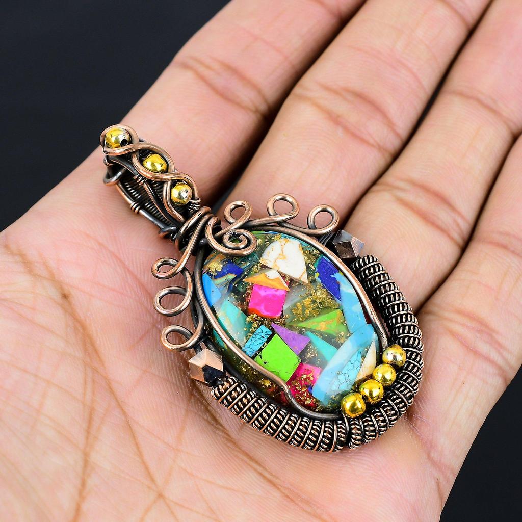 Multi Copper Spiny Oyster Gemstone Pure Copper Wire Wrapped Handmade Pendant Jewelry