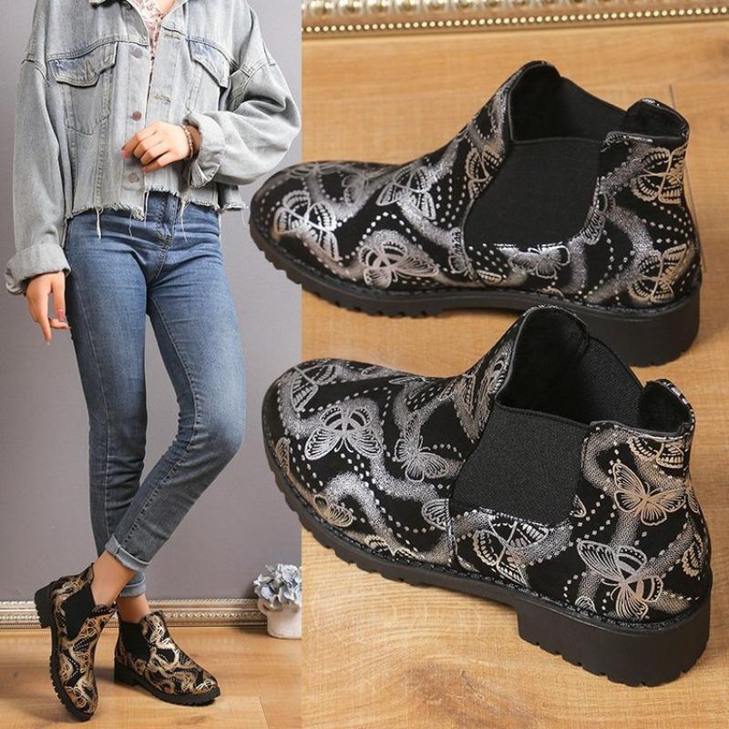 Large size printed Martin boots for women's autumn and winter new style one-pedal Chelsea boots for women