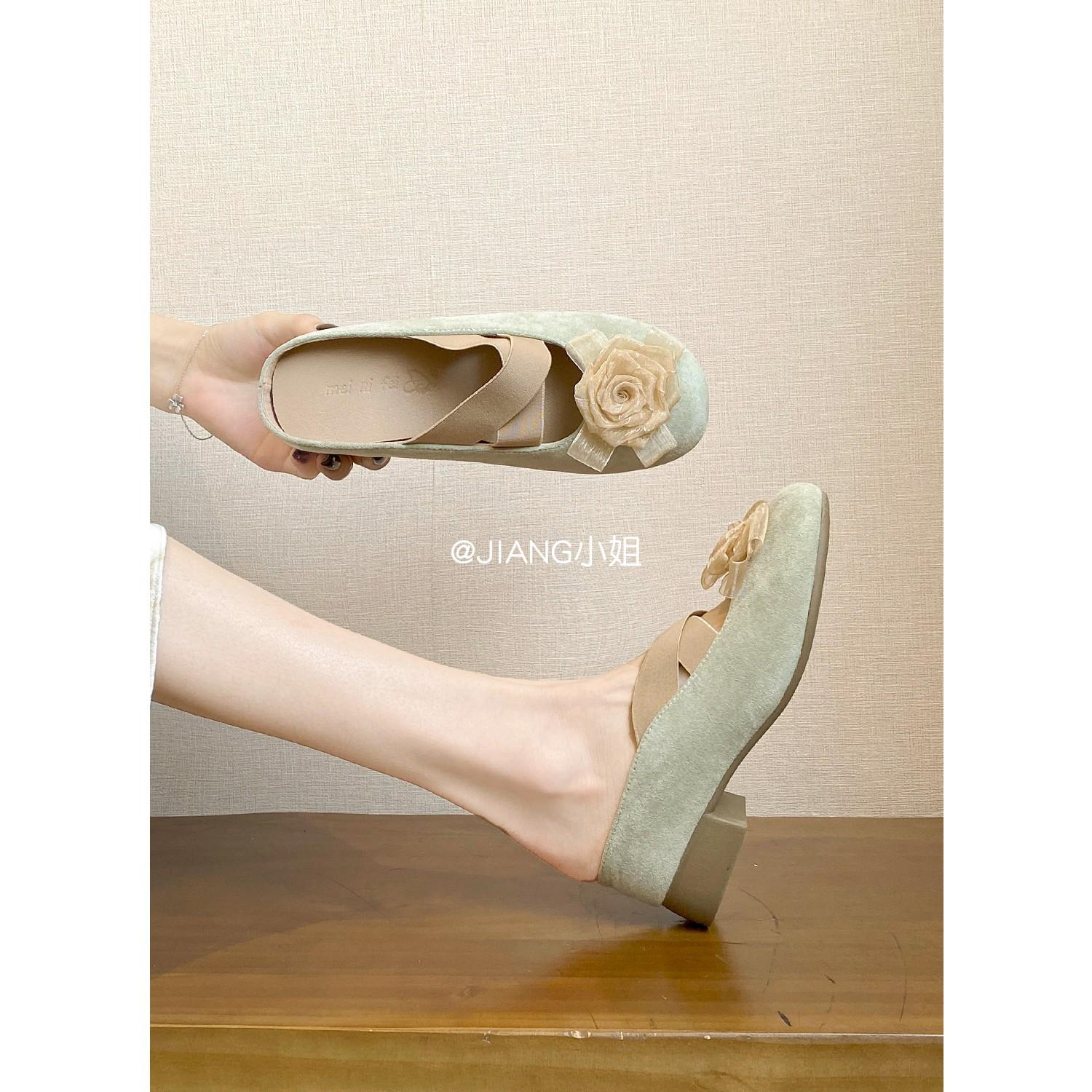 

Blue cabinet version~ 6cm small man inner height increase camellia bag head half slippers women wear thick heel French lazy single shoes 40 зелёный