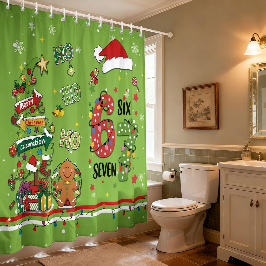 1pc green cartoon Christmas tree print waterproof shower curtain partition privacy hanging curtain with 12 hooks various sizes