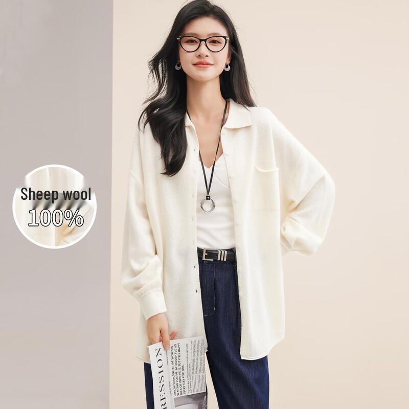 Jinjul Women s 100% Merino Wool Thickened Shirt Collar Cardigan L
