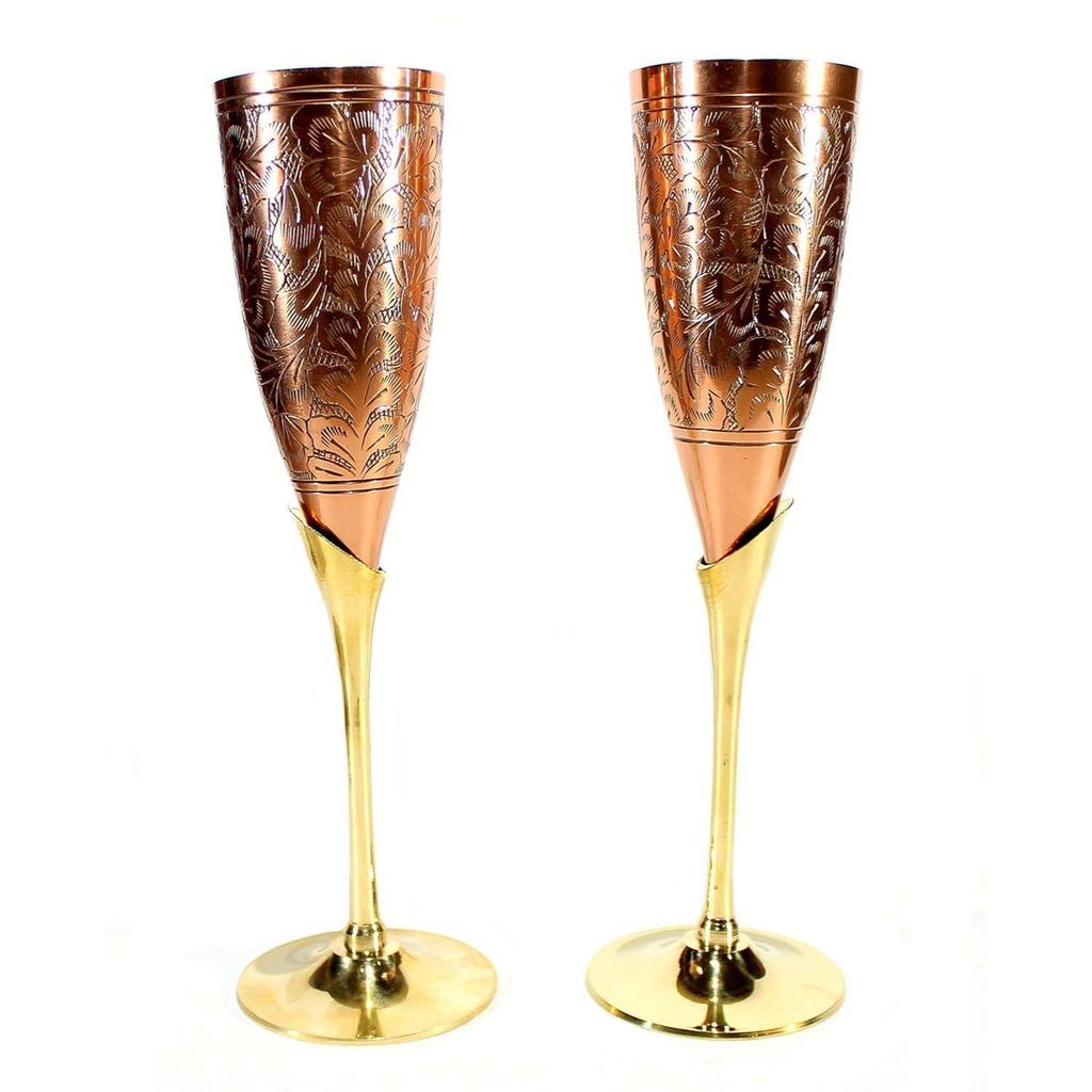 Engraved Copper Plated Brass Wine Goblet Champagne Flutes Coupes Glasses Set of Two - Ideal for Moscow Mule Too (Slender Copper)