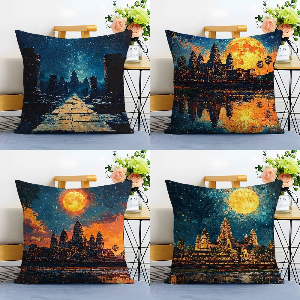 Angkor Wat Pillow Case Anti-dustmite Pillowcase Invisible Zipper Silky Short Plush Sofa Cushion Cover
