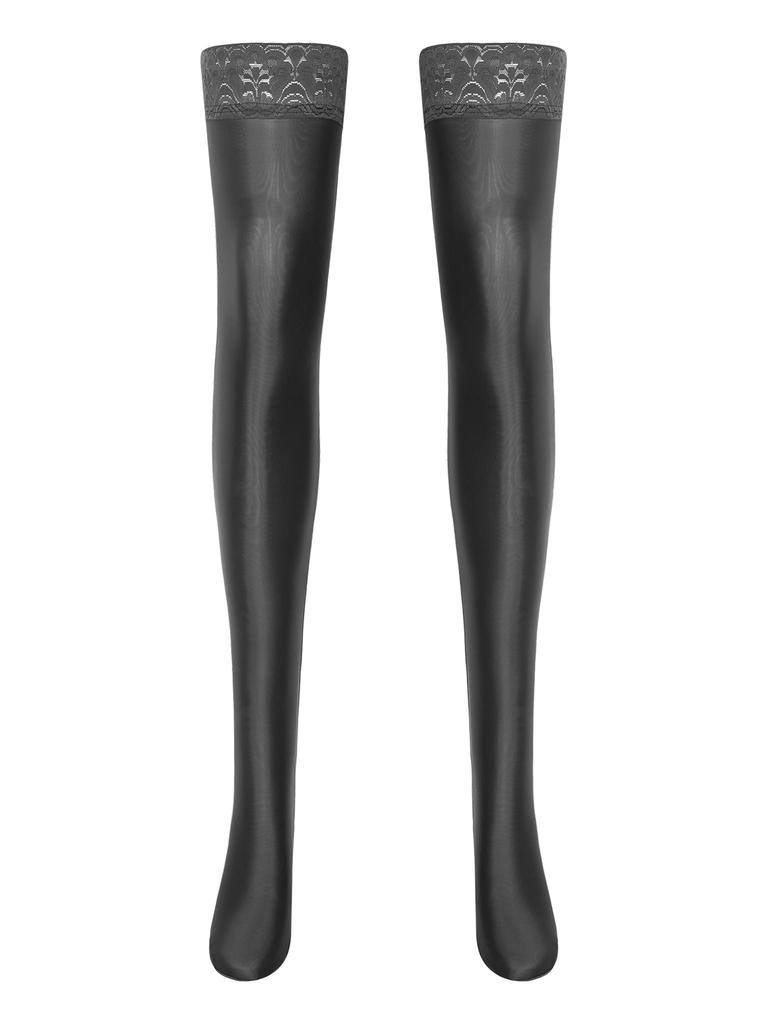 Damen Glänzende Spitze Besatz Oberschenkelhohe Socken Anti-Rutsch Silikon Strümpfe