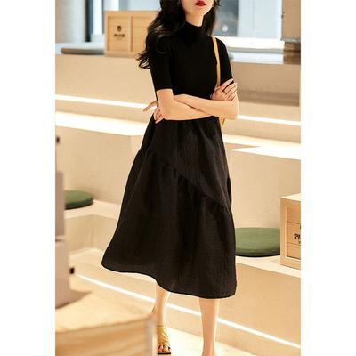 Updated Stylishable and Elegant Small Black Dress Semi-turtleneck Wool Knitted Splicing Tutu Skirt with Slim-fitting Dress