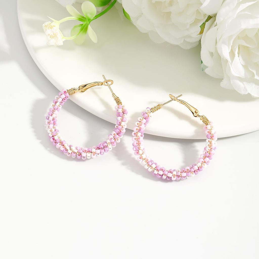 European and American exaggerated fashion handmade rice bead circle earrings colorful simple color matching hand-woven earrings