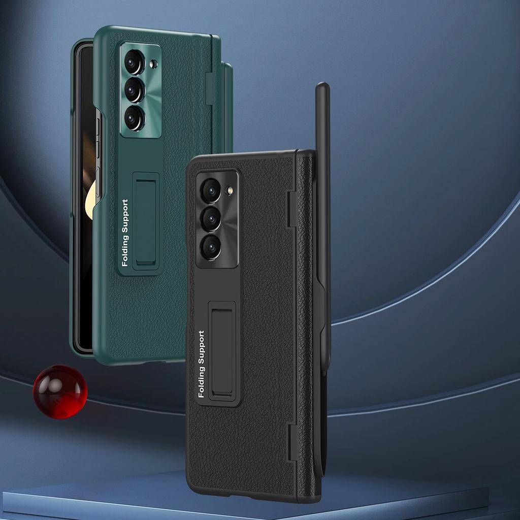 With Touch Pen Case For Samsung Galaxy Z Fold 7 Leather Hinge Fold 6 5 4 Screen Protector Tempered Film Folding Kickstand Cover