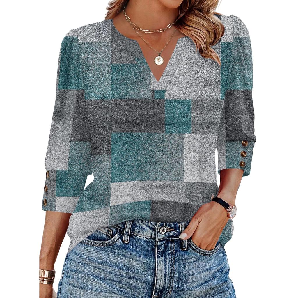 Women's Casual V Neck Loose Fit Three Quarter Sleeve Top with Button Detail on Sleeve and Patchwork Pattern Suitable for Everyday Wear