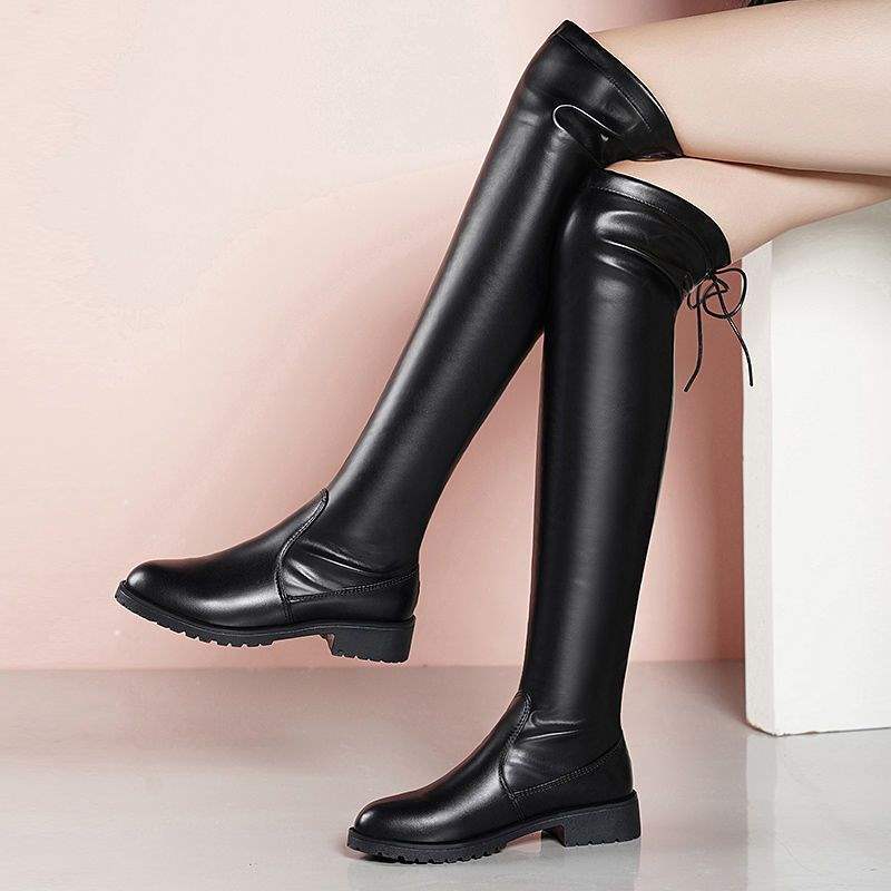 

2025 new over-the-knee boots women s thick heel thin winter velvet elastic boots lace-up tall boots thin boots 40