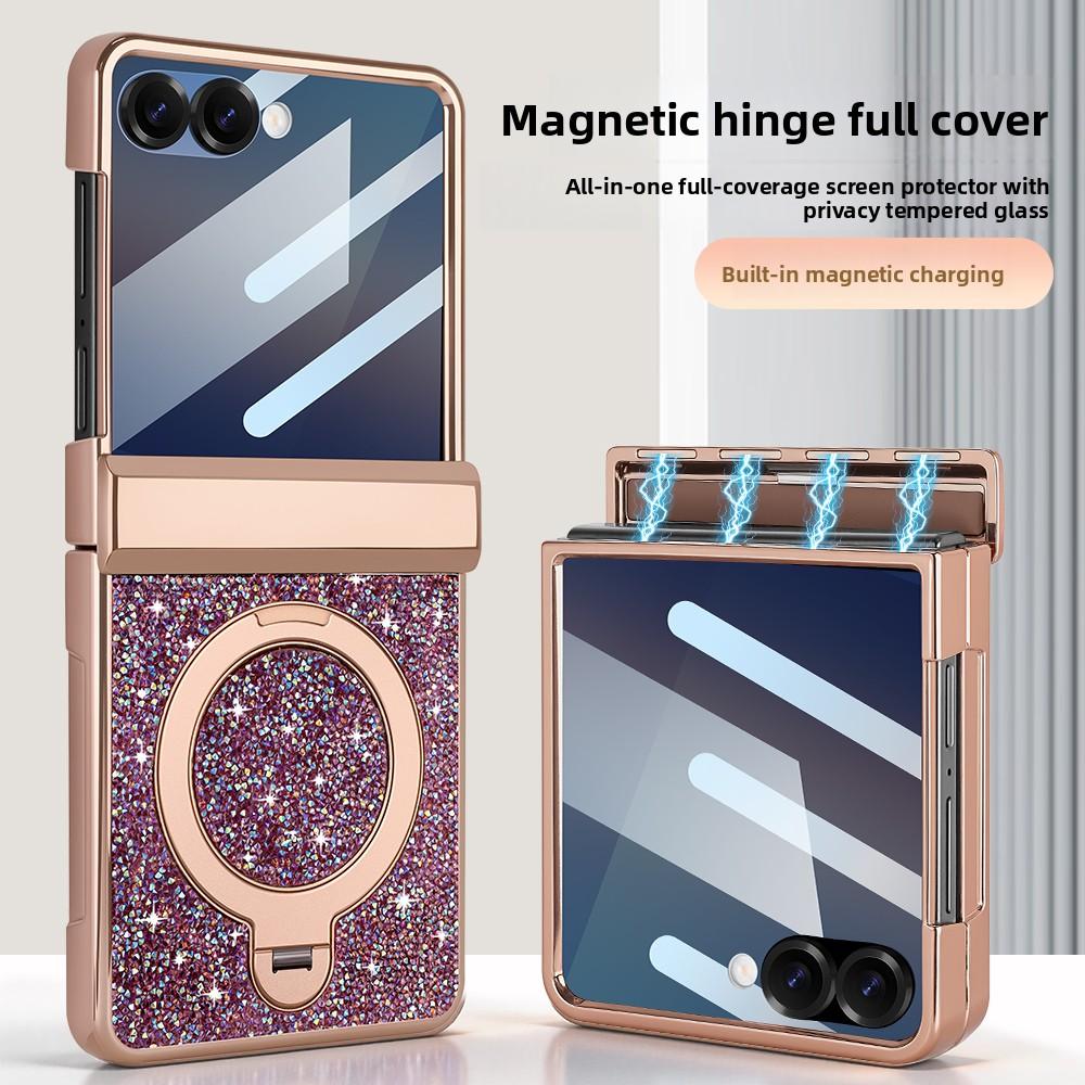 360 Magnetic Stand Hinge Protection Case for Samsung Galaxy Z Flip 8 7 Plating Glitter PU Leather Anti-peeping Glass Film Cover