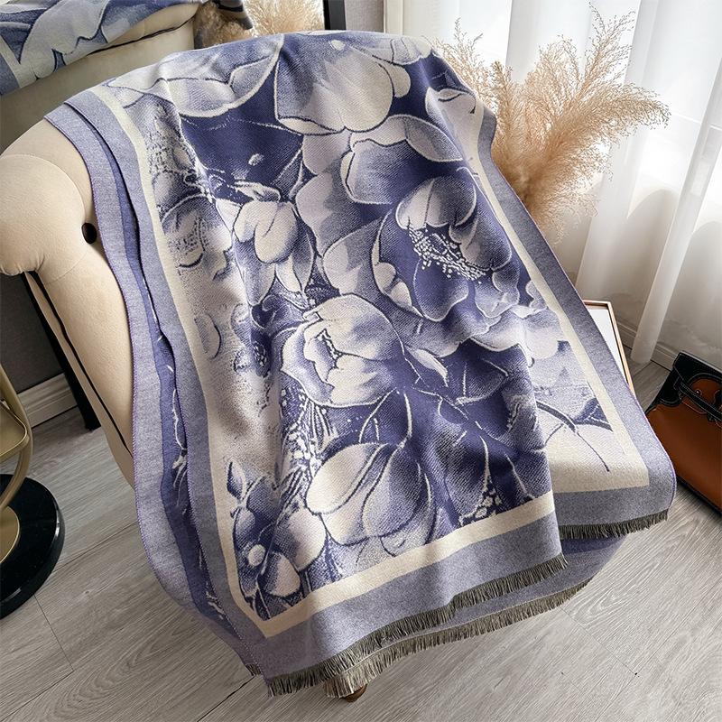 Autumn And Winter National Style Plants And Flowers Landscape Painting Elegant Women Warm Scarf Fashion Retro Shawl