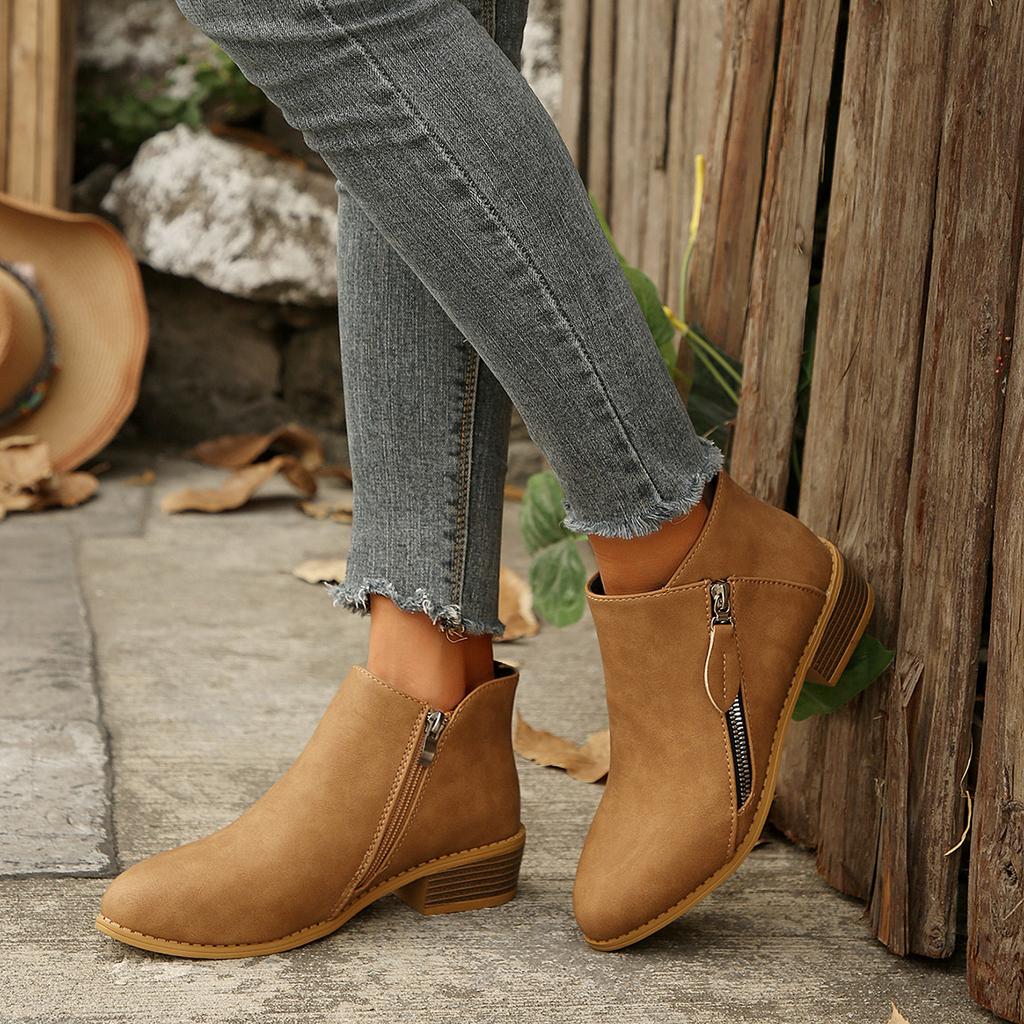 Four seasons shoes British style solid color casual zipper low heel thick heel short boots