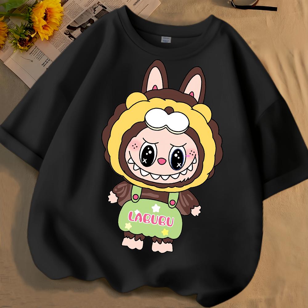 Cute Labubu2025 New Girls' Short Sleeved Round Neck Loose and Versatile Children's T-shirt Casual Cute Cartoon Top